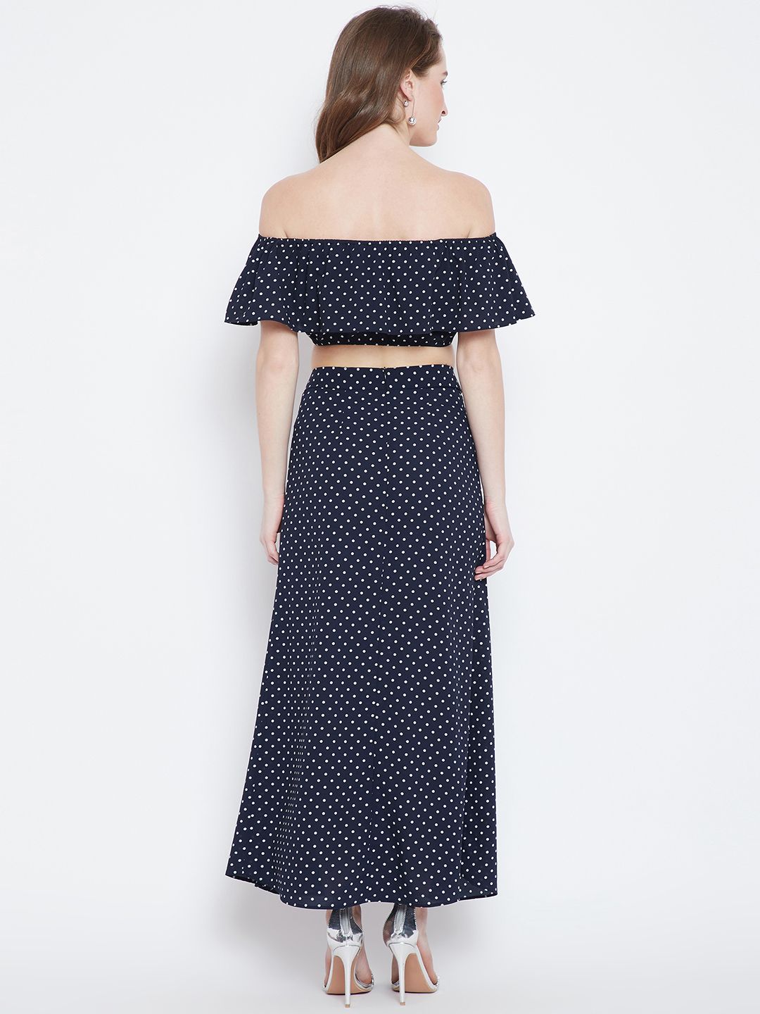 Berrylush Navy Blue Polka Dot Print Two-Piece Bardot Dress