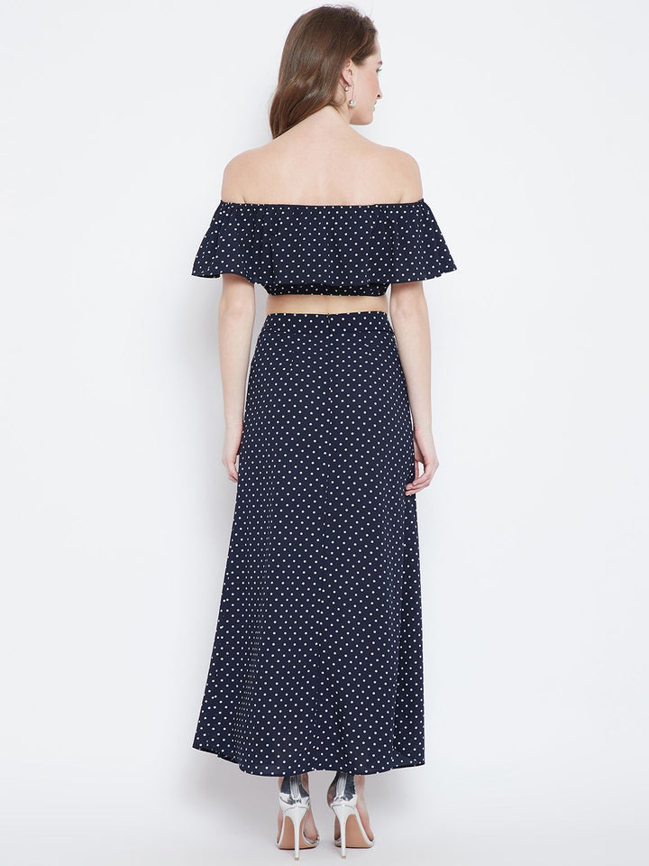 Berrylush Navy Blue Polka Dot Print Two-Piece Bardot Dress