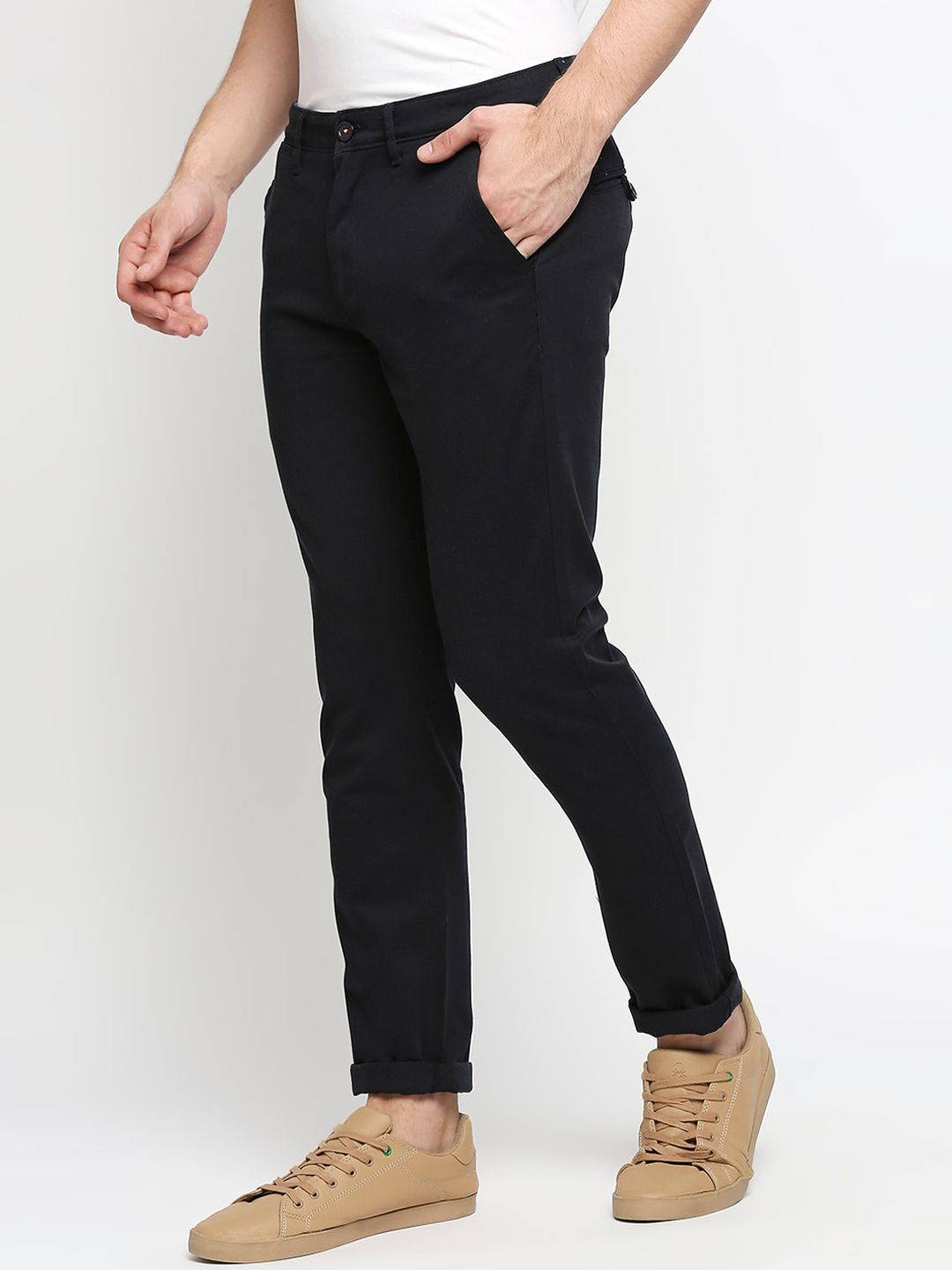 SPYKAR Men Navy Blue Loose Fit Low-Rise Chambray Chinos Trousers