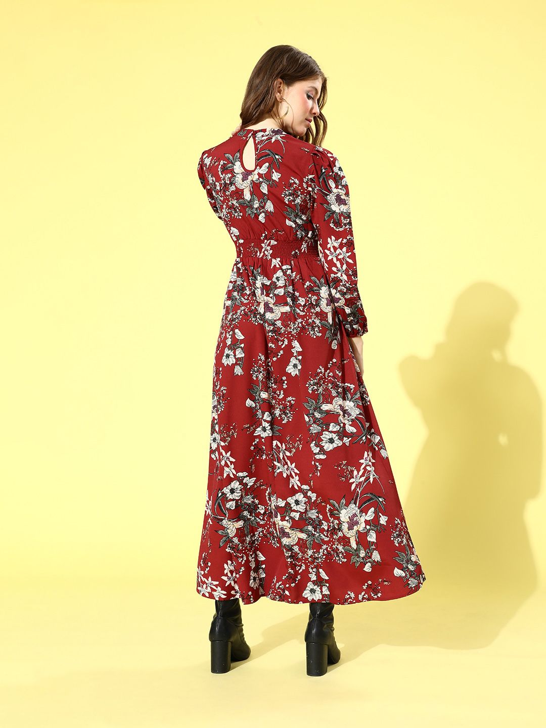 Pakaian Berrylush Wanita Menawan Maroon Floral Puff Sleeves
