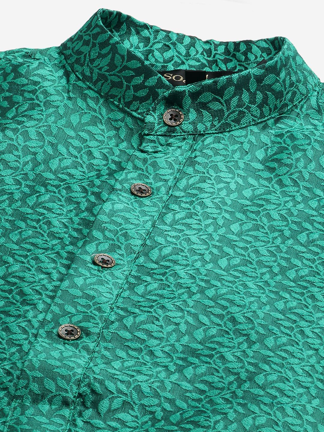 SOJANYA Men Green Self-Design Kurta with Churidar & Nehru Jacket
