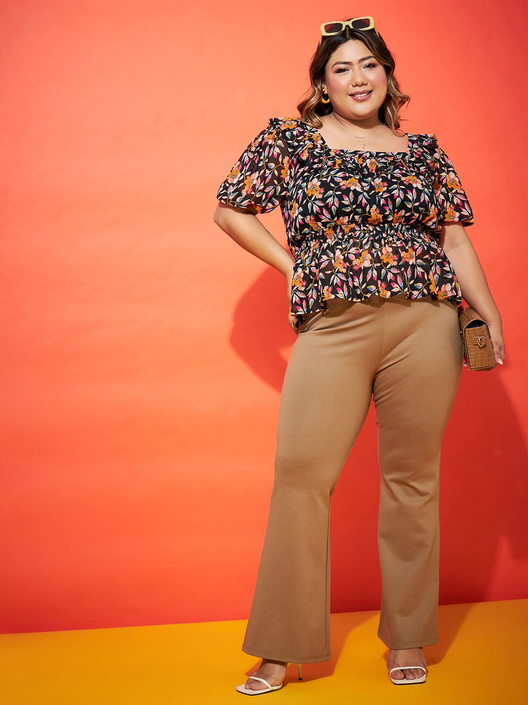 SASSAFRAS Curve Black Floral Print Puff Sleeve Georgette Cinched Waist Top
