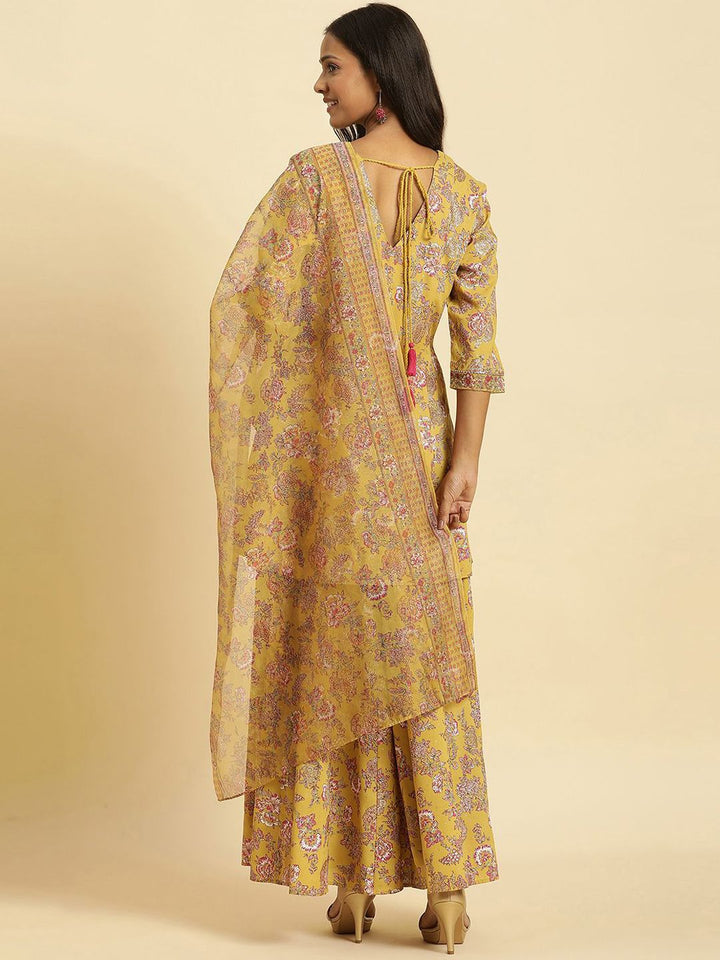 W Floral Printed V-Neck Panelled Gotta Patti A-Line Kurta With Sharara & Dupatta