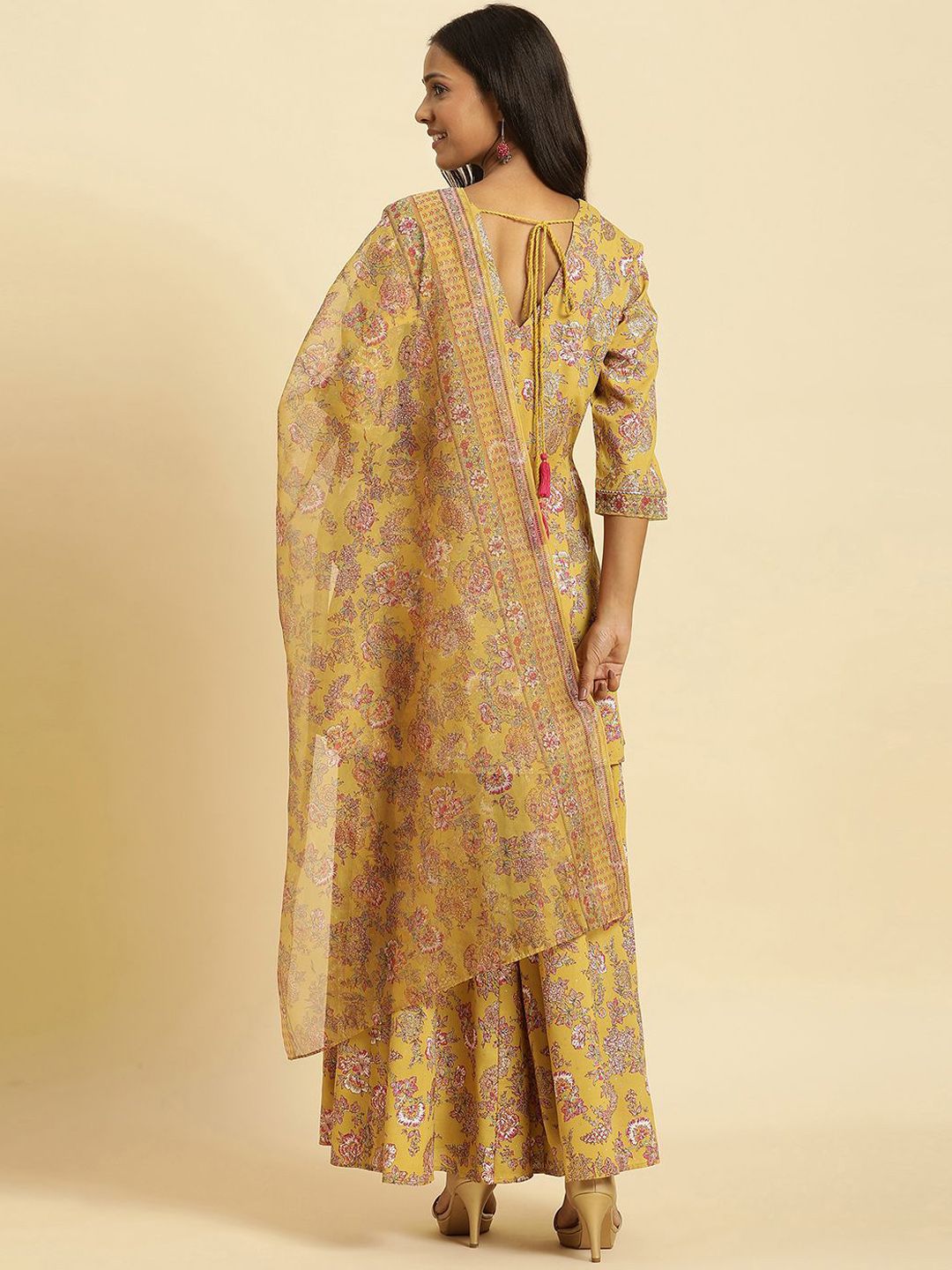 W Floral Printed V-Neck Panelled Gotta Patti A-Line Kurta With Sharara & Dupatta