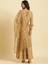 W Floral Printed V-Neck Panelled Gotta Patti A-Line Kurta With Sharara & Dupatta