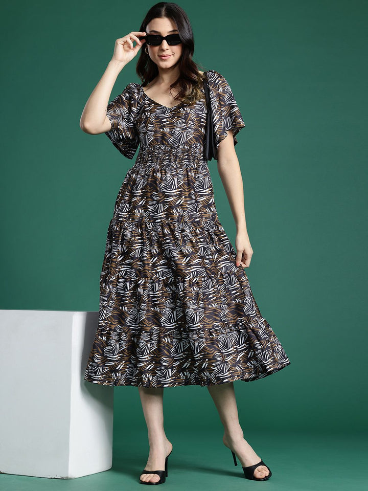 DressBerry Abstract Print Tiered A-Line Midi Dress