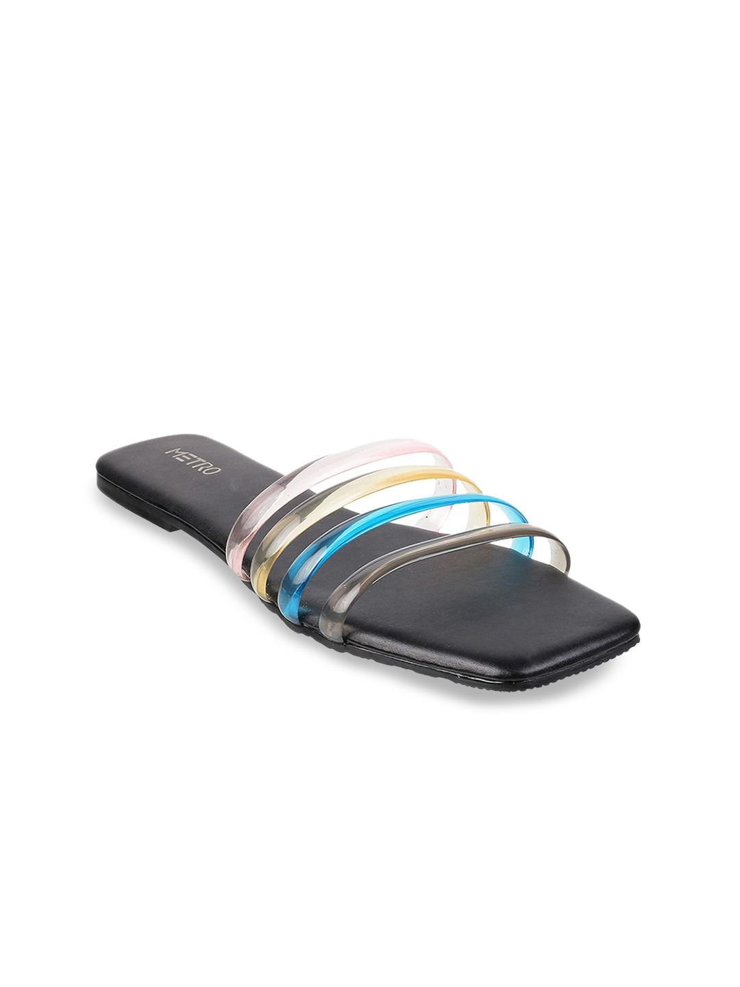 Metro Women Black Striped Open Toe Flats