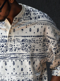 Powerlook White & Navy Blue Floral Printed Drop Shoulder Sleeves Oversized T-Shirt