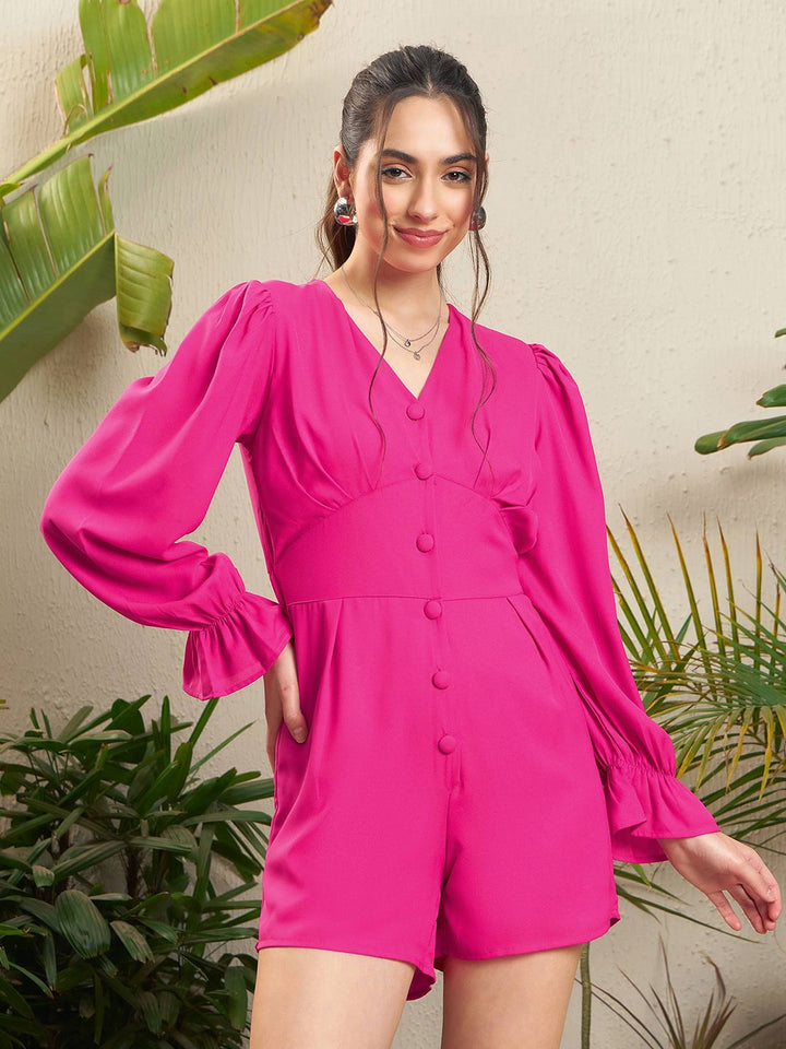 SASSAFRAS Pink V-Neck Front Button Playsuit