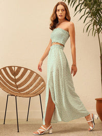 STREET 9 Floral Printed Strapless Smocked Crop Top And Skirt Co-Ords