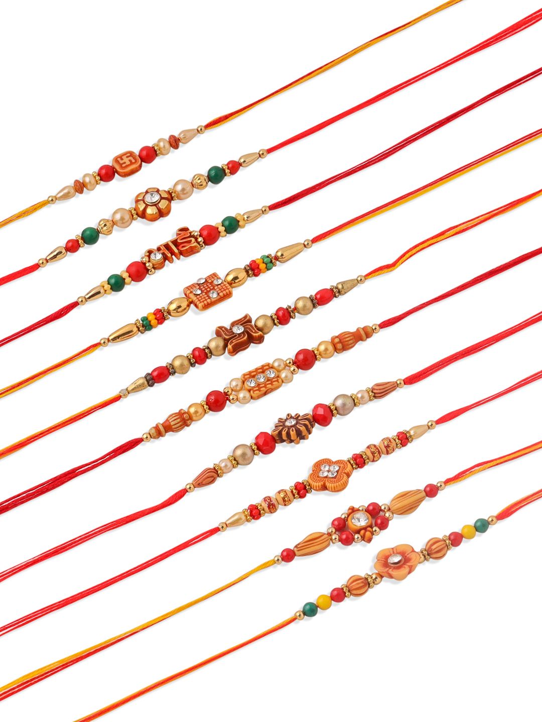 NVR Unisex Set of 10 Floral  Red Artificial Stones and Beads Thread Rakhi With Roli Chawal