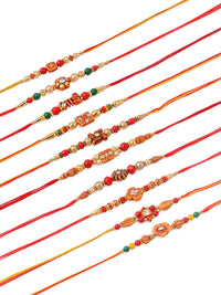 NVR Unisex Set of 10 Floral  Red Artificial Stones and Beads Thread Rakhi With Roli Chawal