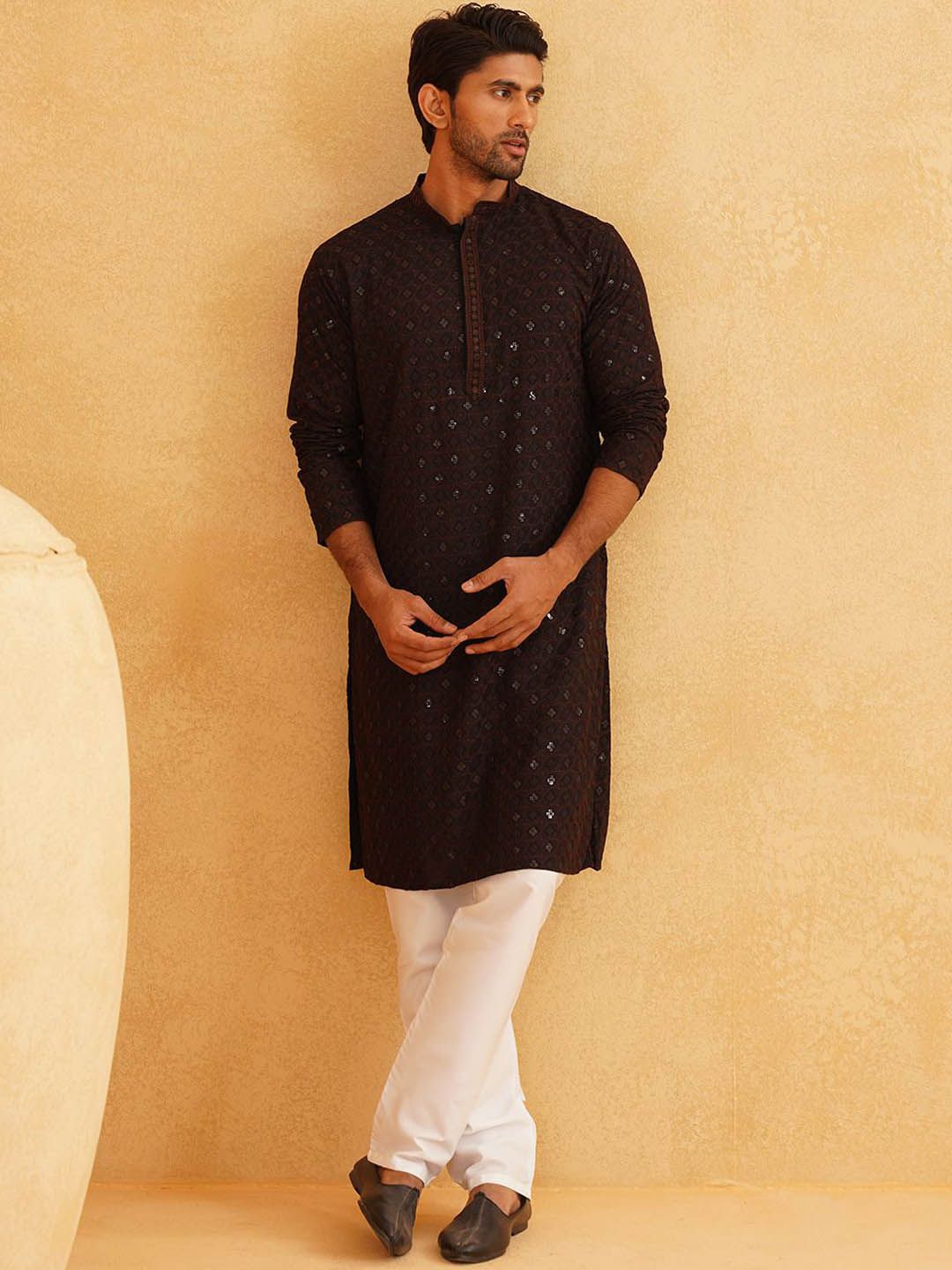 SOJANYA Geometric Embroidered Mandarin Collar Sequinned Pure Cotton Kurta With Churidar