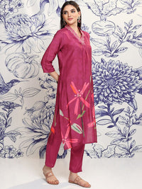 Vishudh Maroon V Neck Floral Printed Regular Kurta with Trousers & With Dupatta
