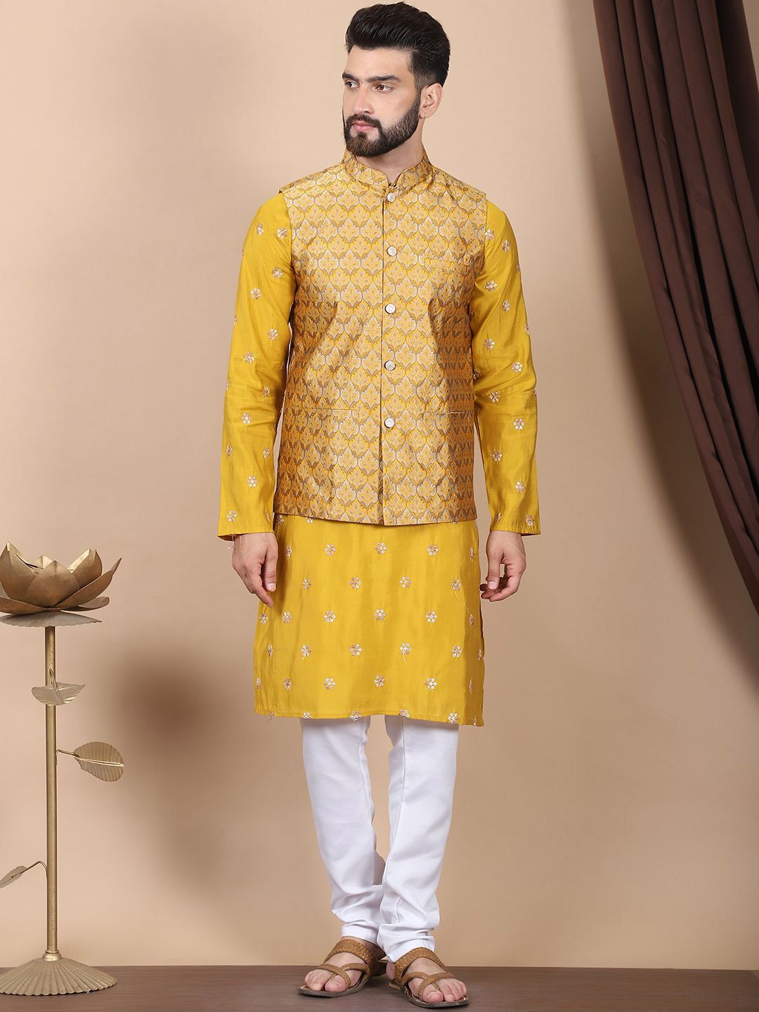 Anouk Mustard-Yellow Floral Embroidered Cotton Silk Kurta with Churidar & Nehru Jacket