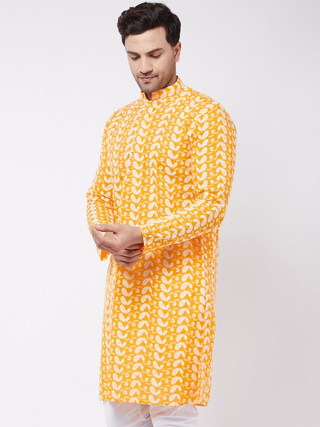 VASTRAMAY Men Orange Ethnic Motifs Chikankari Work Kurta