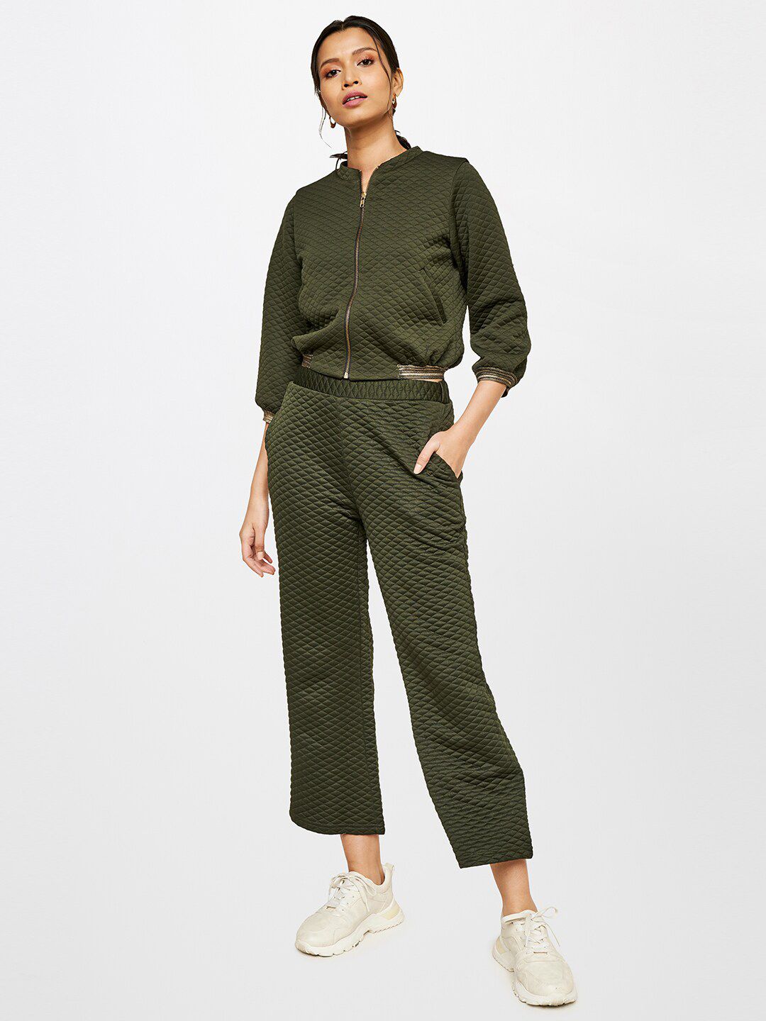 AND Women Olive Green Self Design Co-ords
