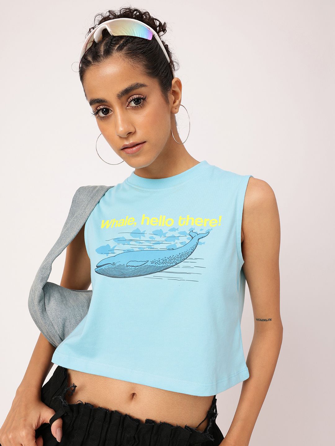 DressBerry Cute Whale Vibes Only Printed Sleeveless Crop T-shirt