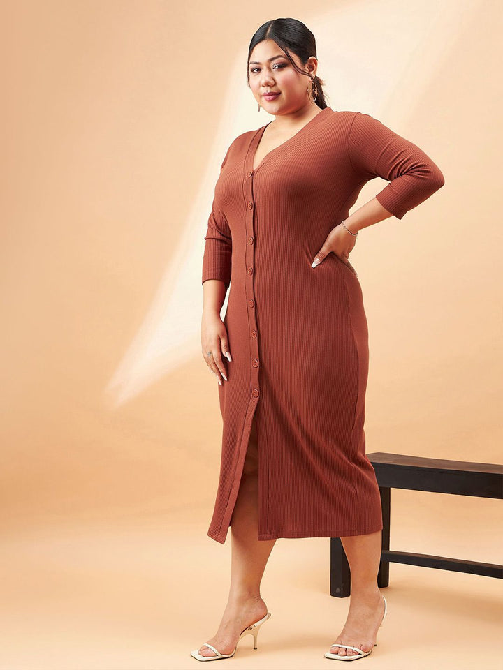 SASSAFRAS Curve Plus Size Rust Brown Ribbed V-Neck A-Line Midi Dress