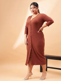 SASSAFRAS Curve Plus Size Rust Brown Ribbed V-Neck A-Line Midi Dress