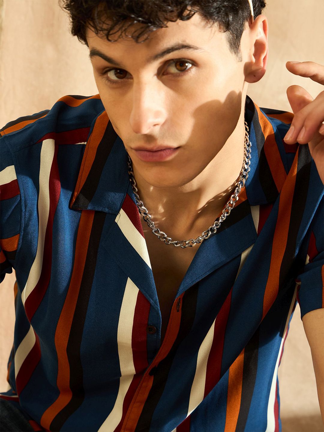 DENNISON Smart Oversized Striped Cuban Collar Casual Shirt