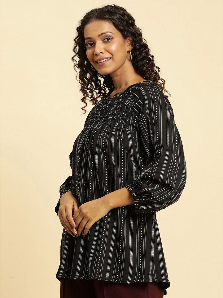 W Black Striped Tie-Up Neck Raglan Sleeves Longline Top