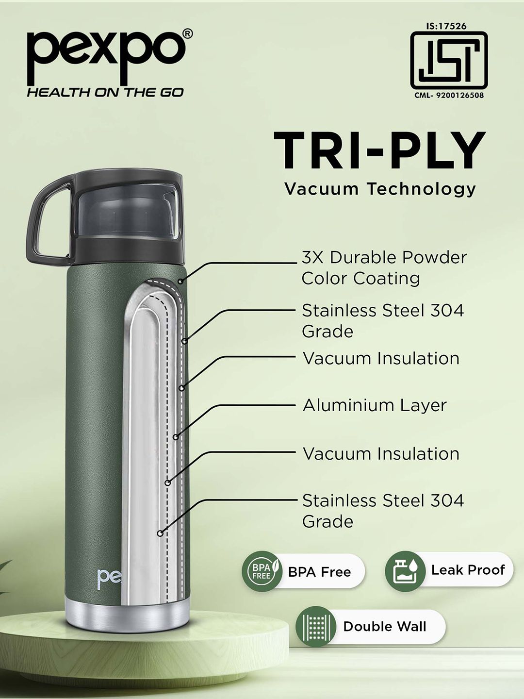 Pexpo Fererro Military Green Thermosteel ISI Certified Hot Flask Water Bottle & Bag 1000ml