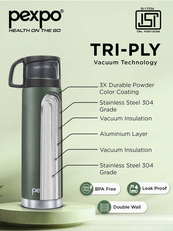 Pexpo Fererro Military Green Thermosteel ISI Certified Hot Flask Water Bottle & Bag 1000ml