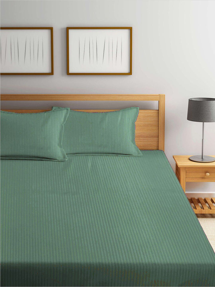 KLOTTHE Green Striped Cotton 300 TC King Fine Bedsheet with 2 Pillow Covers-98 x 87 inches