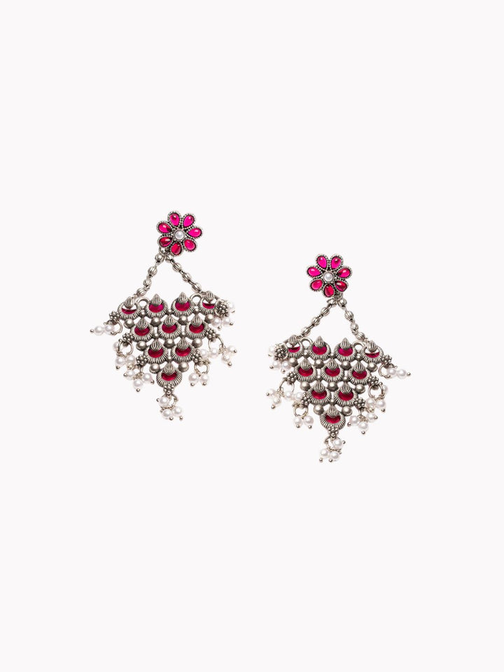 PANASH Silver-Plated Stones Studded And Beaded Contemporary Shaped Oxidized Drop Earrings