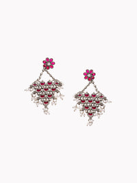 PANASH Silver-Plated Stones Studded And Beaded Contemporary Shaped Oxidized Drop Earrings
