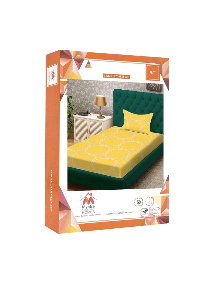 Myntra Elegant Homes Yellow & White Geometric 300 TC Single Bedsheet with 1 Pillow Covers