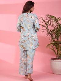SANSKRUTIHOMES Floral Printed Notched Neck Pure Cotton Kurti With Pyjamas