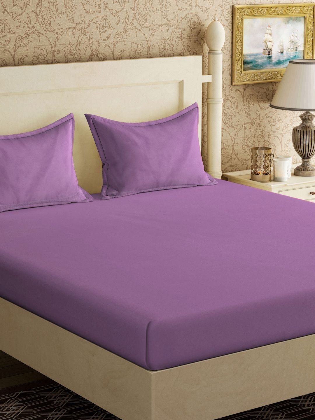 KLOTTHE Purple Cotton 300 TC King Bedsheet with 2 Pillow Covers-98 x 89 inches