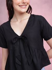 DressBerry Tie-up Detail Pleated Plunge Neck Regular Top