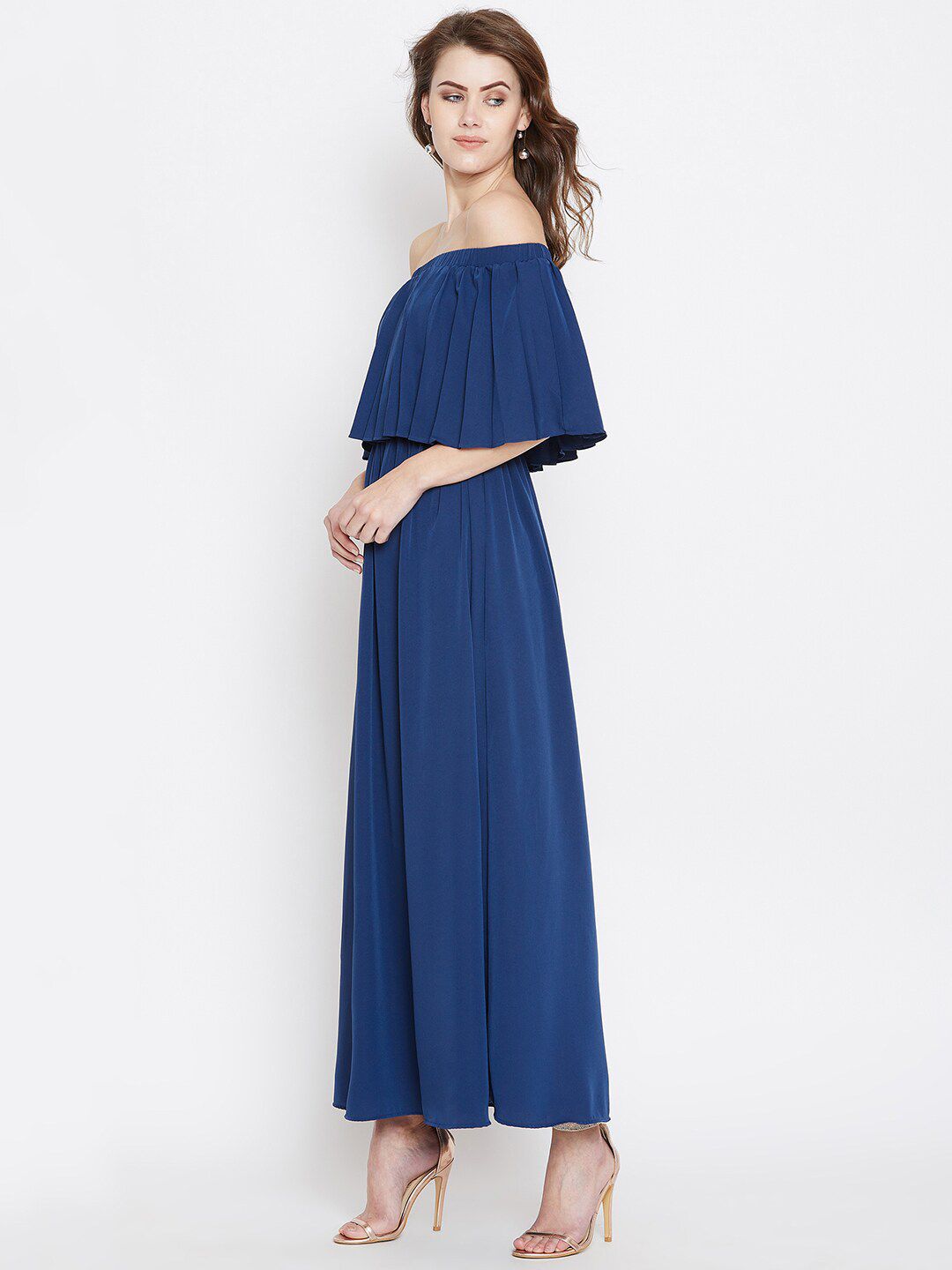 Berrylush Blue Off-Shoulder Crepe Maxi Dress