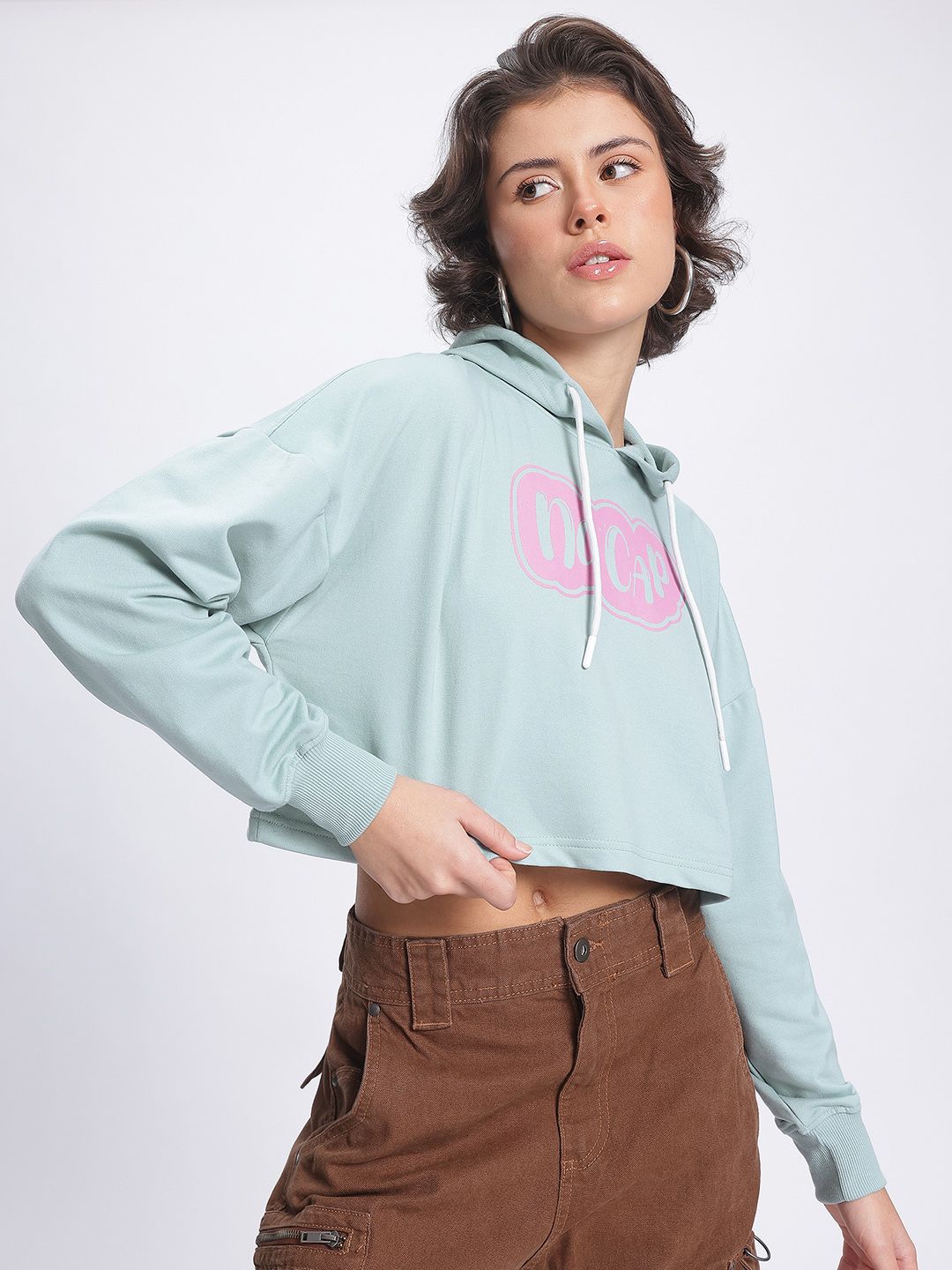 DressBerry Boxy Printed Hooded Cropped Sweatshirt
