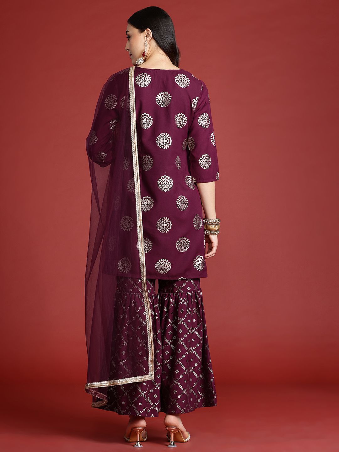 Anouk Tyohaar Foil Print Kurta with Sharara & Dupatta