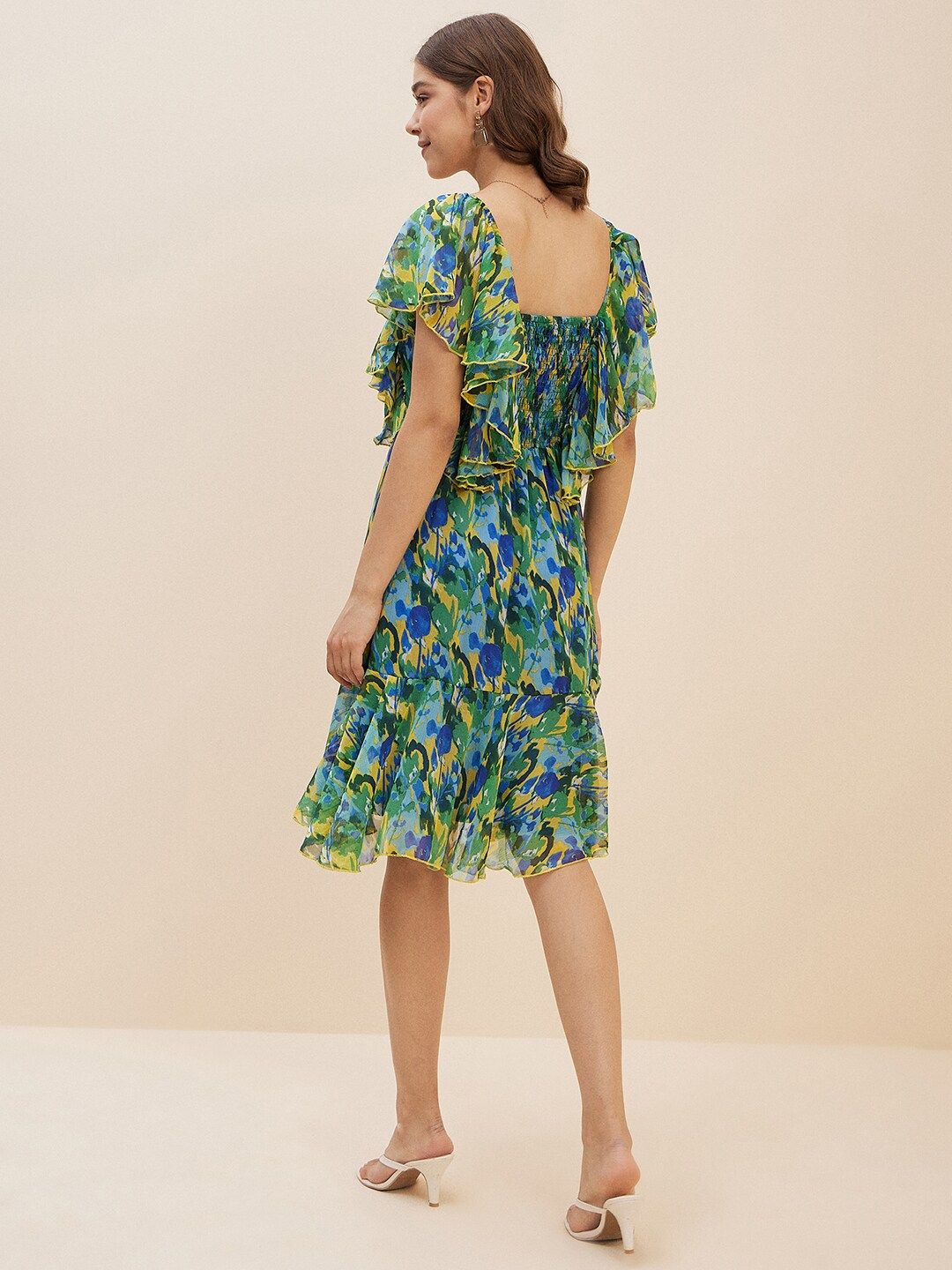 Antheaa Green Floral Print Flutter Sleeve Chiffon Fit & Flare Dress
