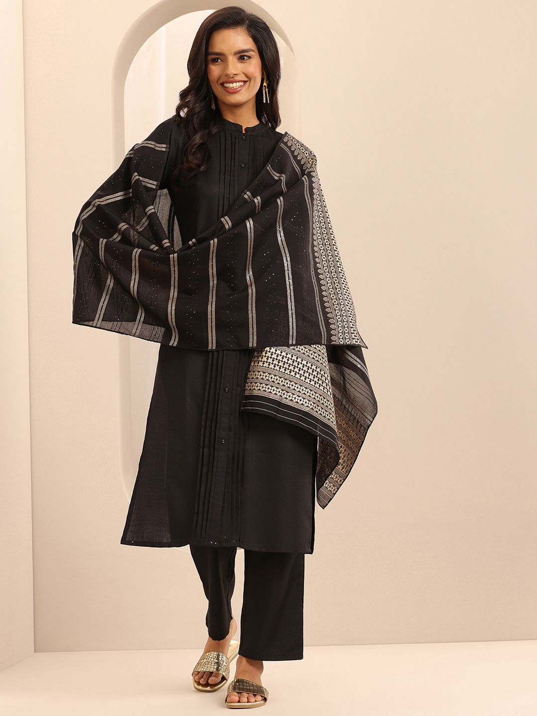 Libas Black Mandarin Collar Straight Kurta with Trousers & With Dupatta