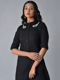W Embroidered Shirt Collar Pure Cotton A-Line Midi Dress