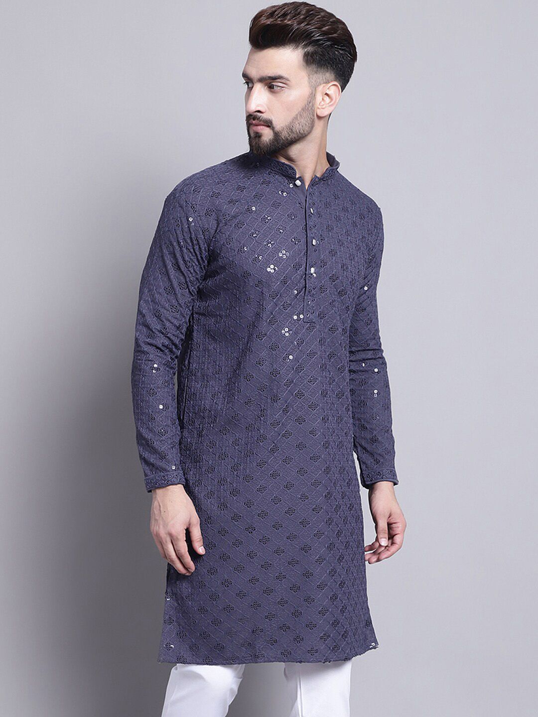 SOJANYA Geometric Embroidered Sequence Mandarin Collar Pure Cotton Kurta
