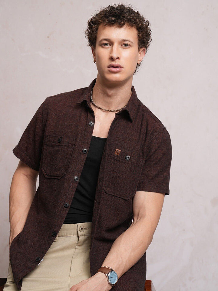 LOCOMOTIVE Textured Checked Utility Pocket Regular Shirt