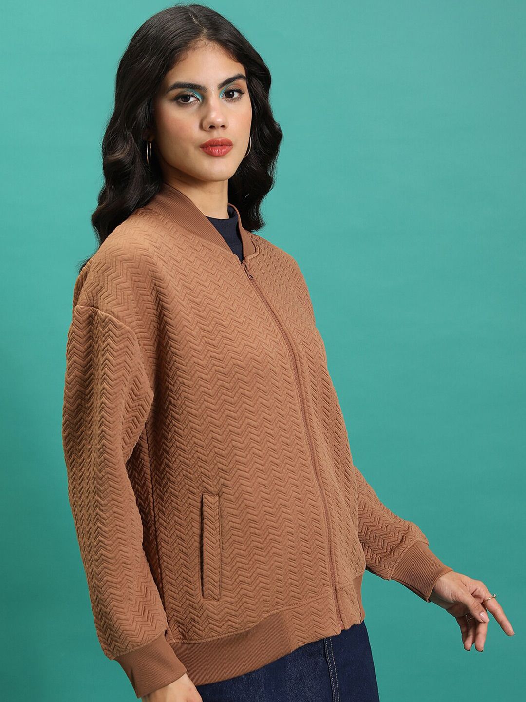Tokyo Talkies Brown Chevron Textured Bomber Jacket