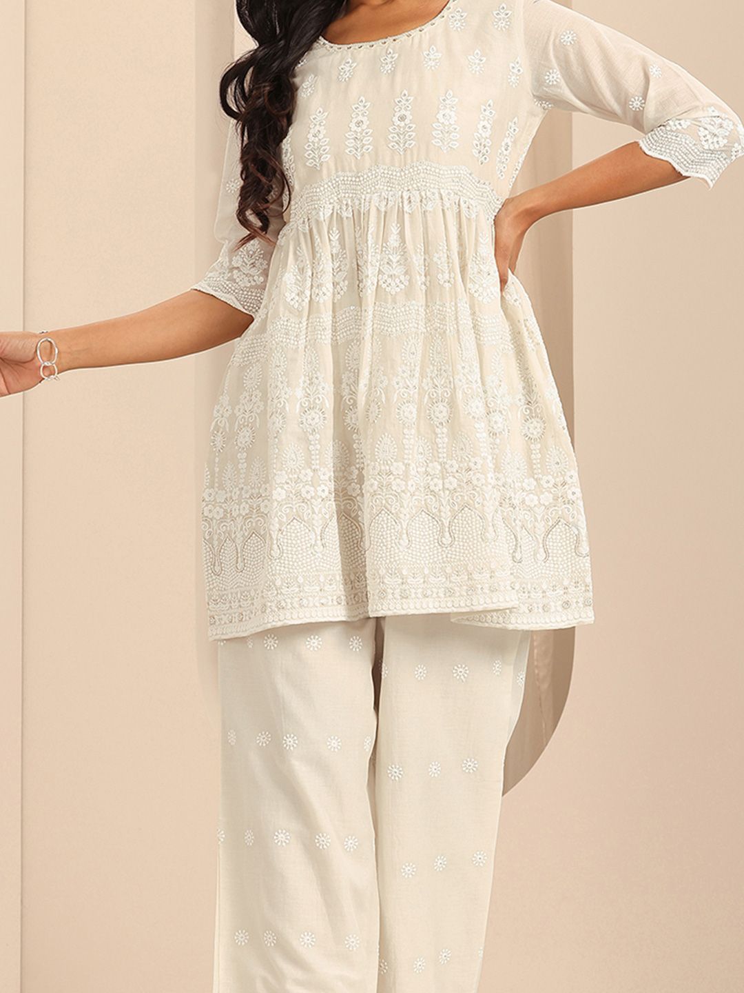 Libas Cotton Embroidered Round neck  Tunic Top and Slip on Palazzo