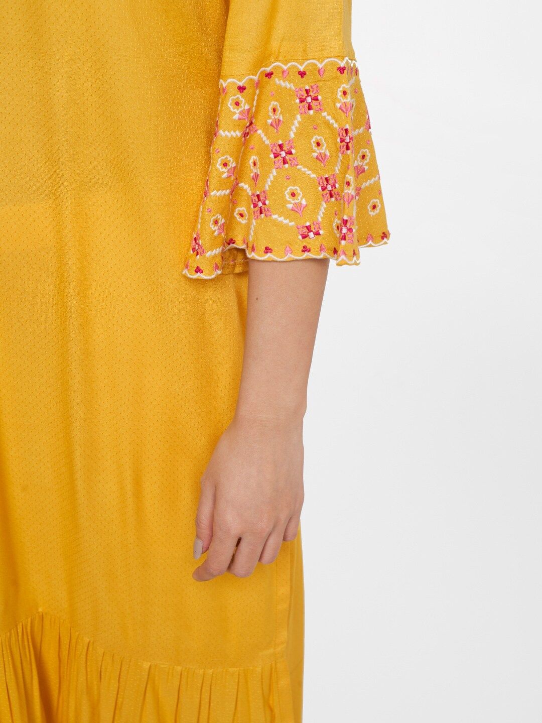 Global Desi Women Mustard Yellow Embroidered Keyhole Neck Bell Sleeves Thread Work Kurta