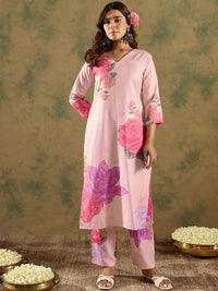 Indo Era Floral Printed V-Neck Straight Kurta with Trousers