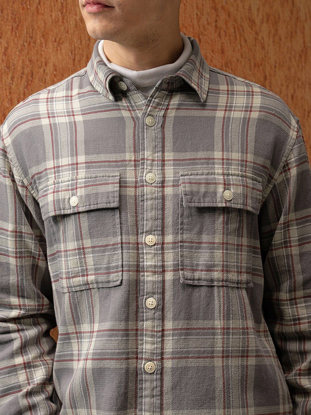 Locomotive Premium Men Grey Oversized Dobby Textured Checked Utility Pocket Overshirt