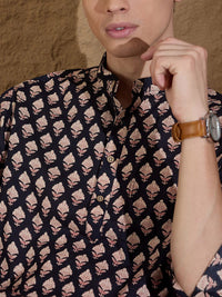 Dennison Floral Printed Band Collar Cotton Pure Straight Kurta