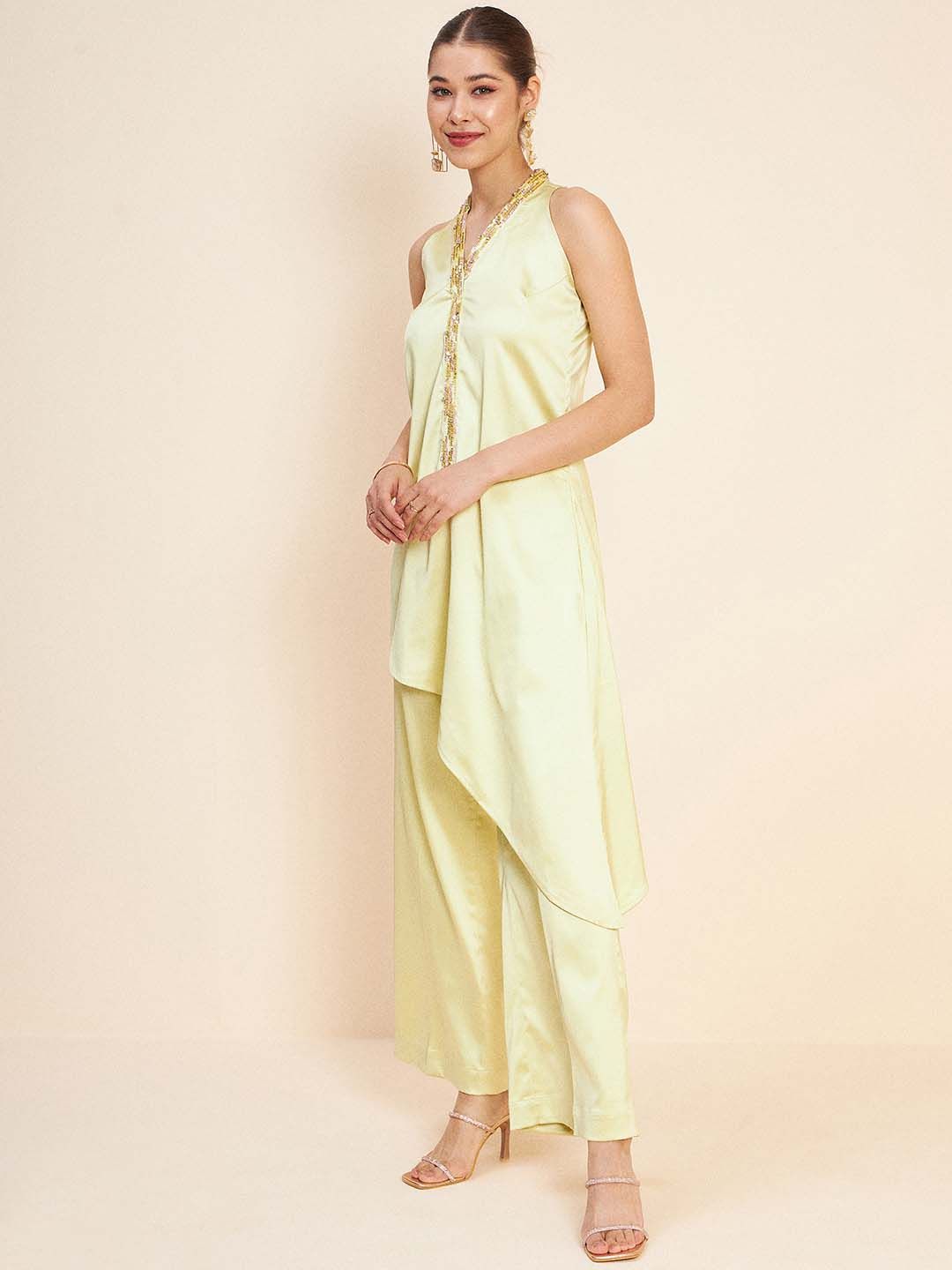 Antheaa Beads & Stones Asymmetrical Fusion Top With Palazzos